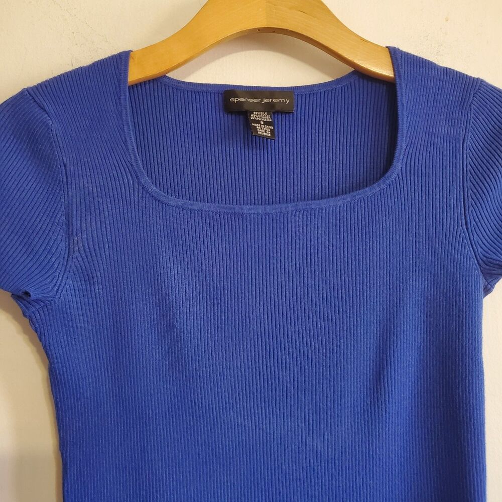 Spenser Jeremy Silk Blend Blue Ribbed Square Neck Top Size S Minimal 90s Y2K - Picture 2 of 10